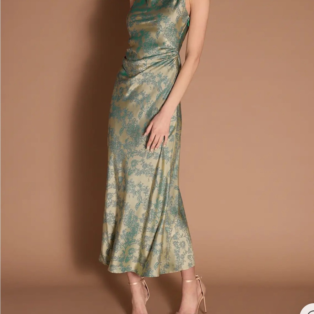 Azazie Green and Cream Halter Slip Midi Dress